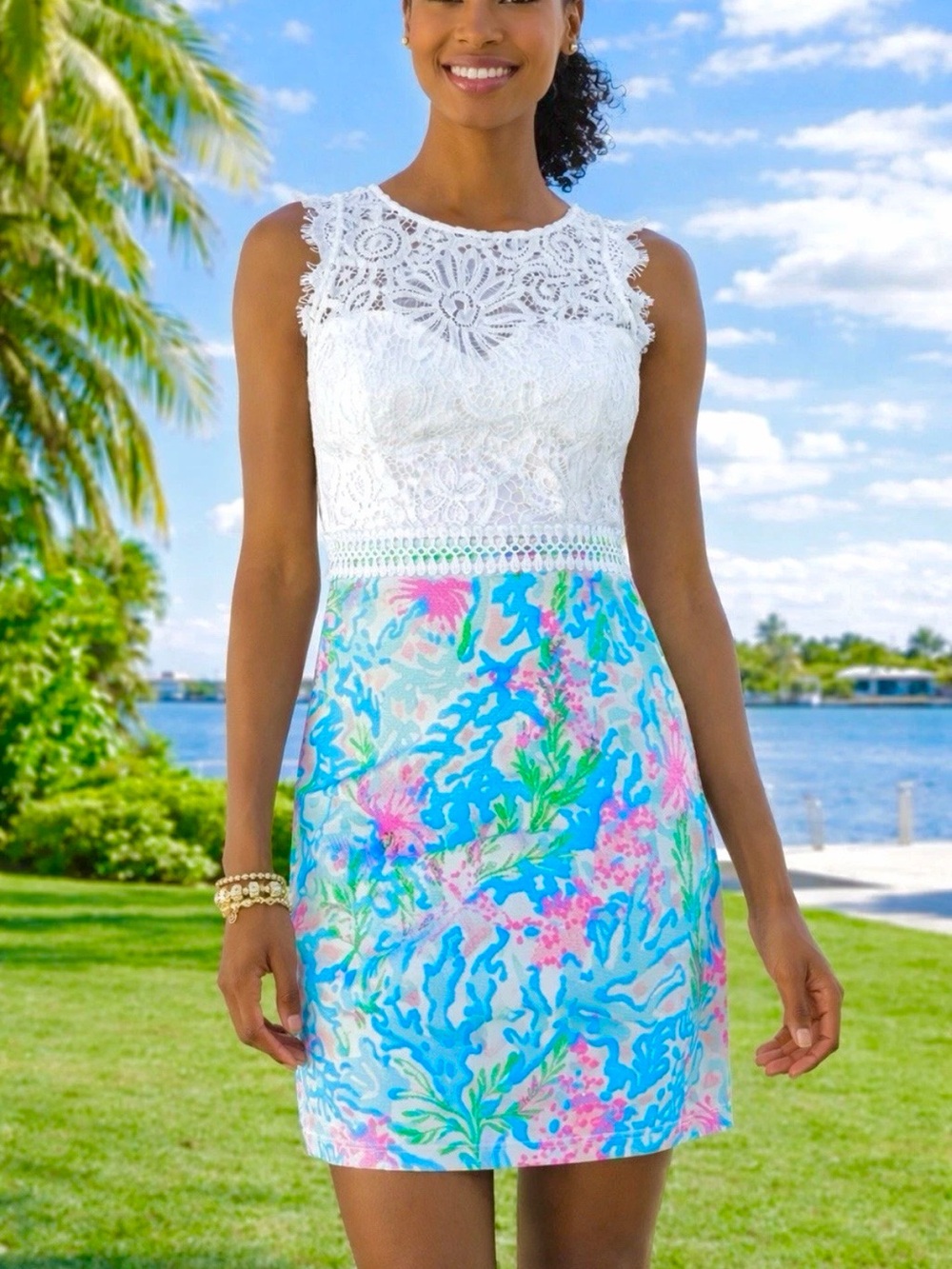 Lilly Pulitzer Sharice Stretch Shift Lace Multi Coral Bay Dress ~Size 12~ EUC